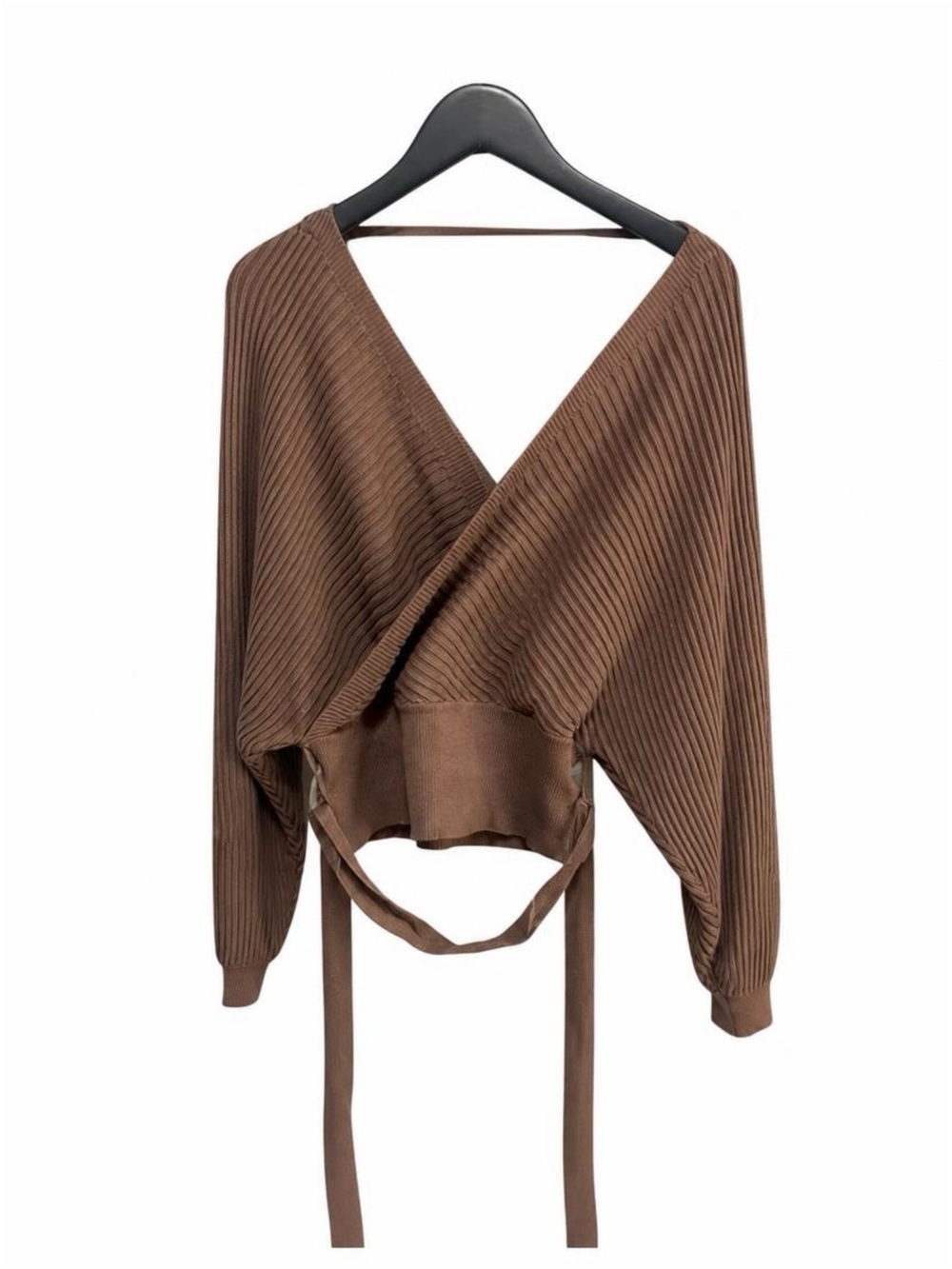 Love Tree Brown Ribbed Wrap V-Neck Sweater with Waist Ties